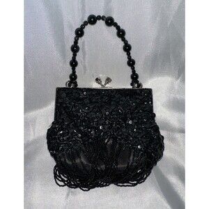 Vintage Style Black Purse Beaded Clutch Classy w/Crossbody Chain